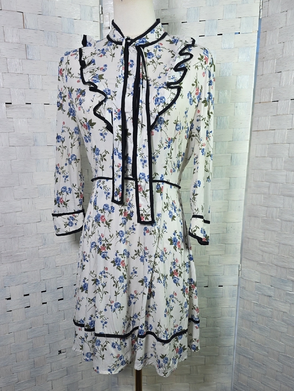 Re:named Long Sleeve Ruffle Tie-Neck Dress